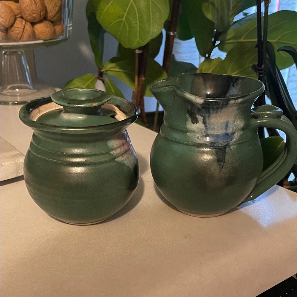 Green Ceramic Creamer and Sugar Set